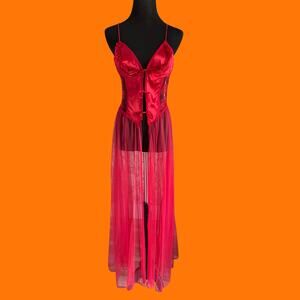 90's vintage red satin lace corset lace up lingerie maxi slip dress Size 10/12